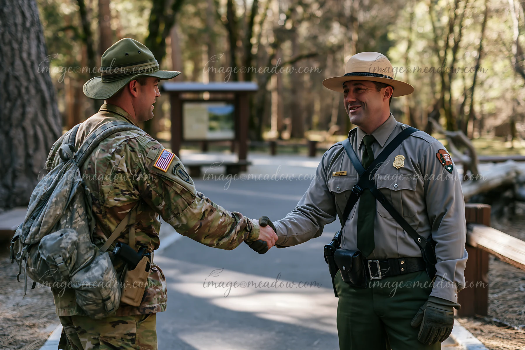 A soldier shaking hands with a park ranger in a forest park during daylight.