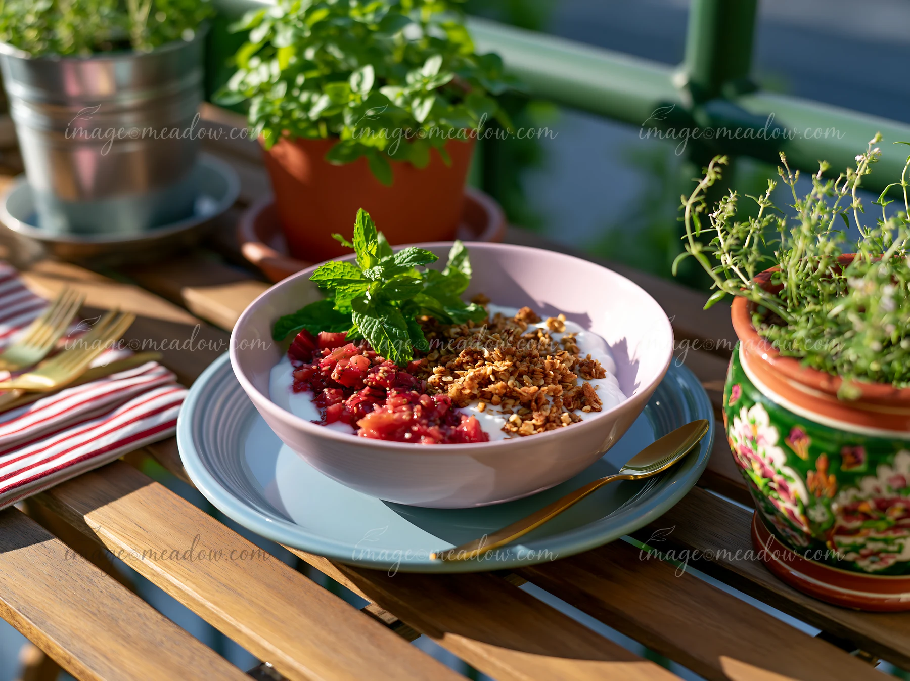 A spring breakfast plate features yogurt topped with granola and fresh strawberries.