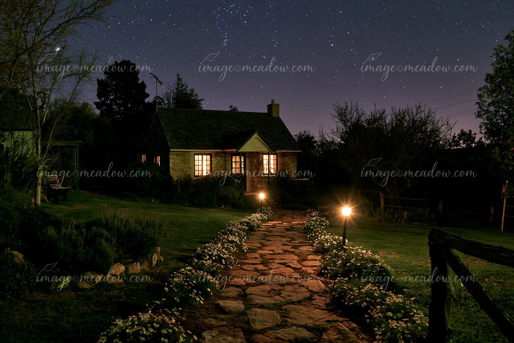 A stone path leads to a cottage surrounded by flowers under a starry sky.
