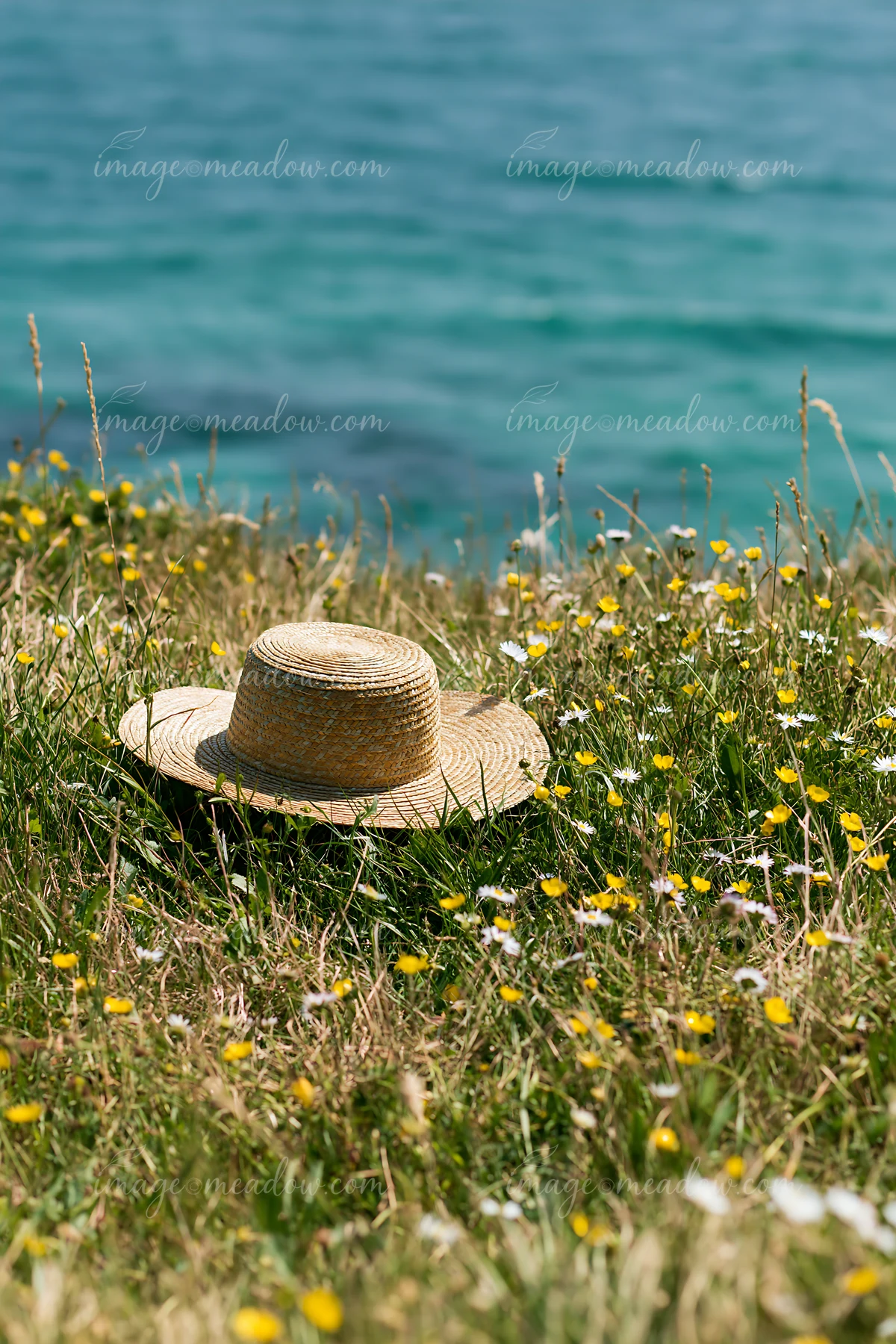 A straw hat lies on green grass surrounded by flowers near the sea.
