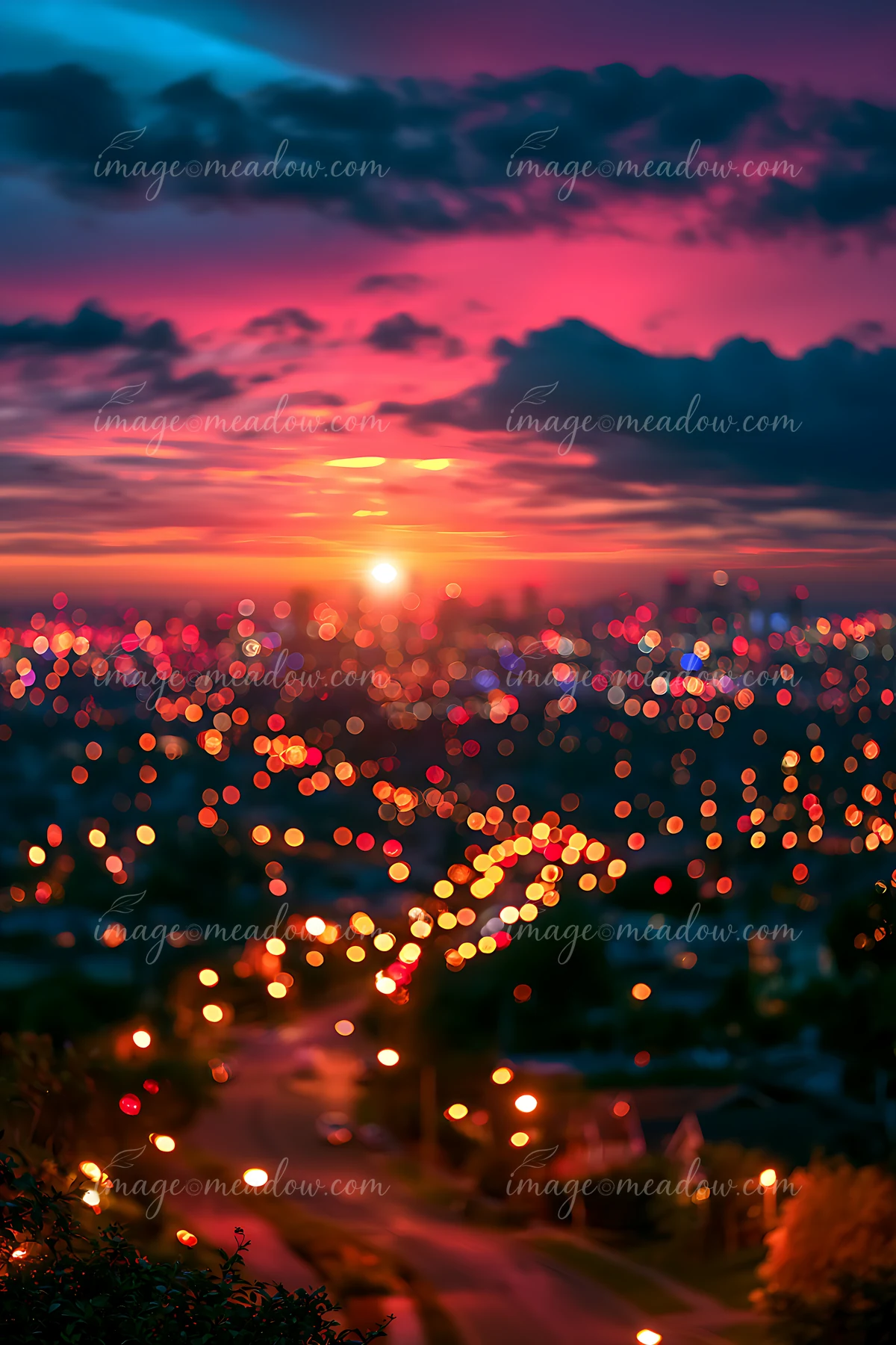 A sunset casts vibrant colors over a city skyline.