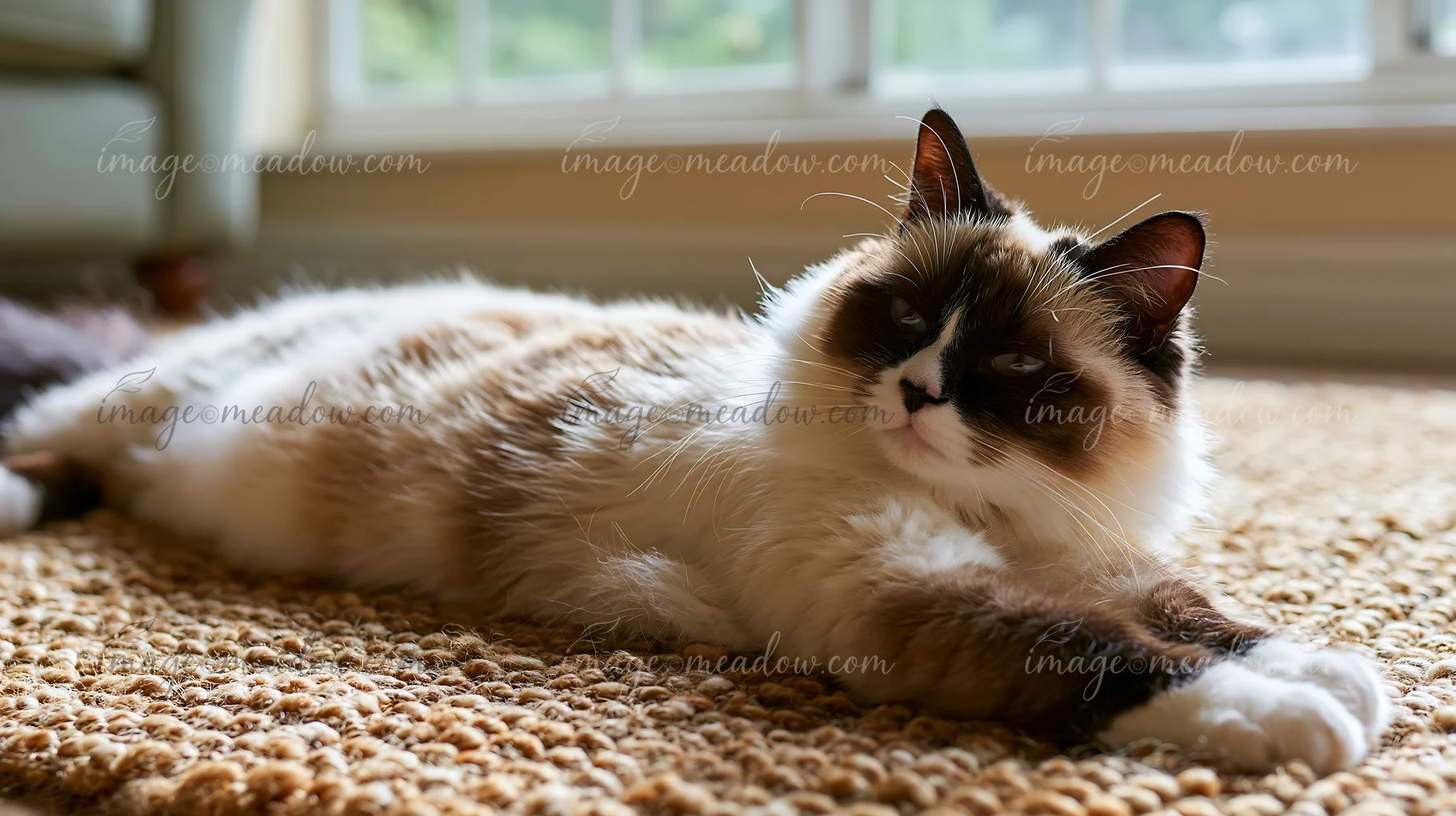 A Suphalak cat lies on a rug inside a home, with natural light coming through a window in the background.