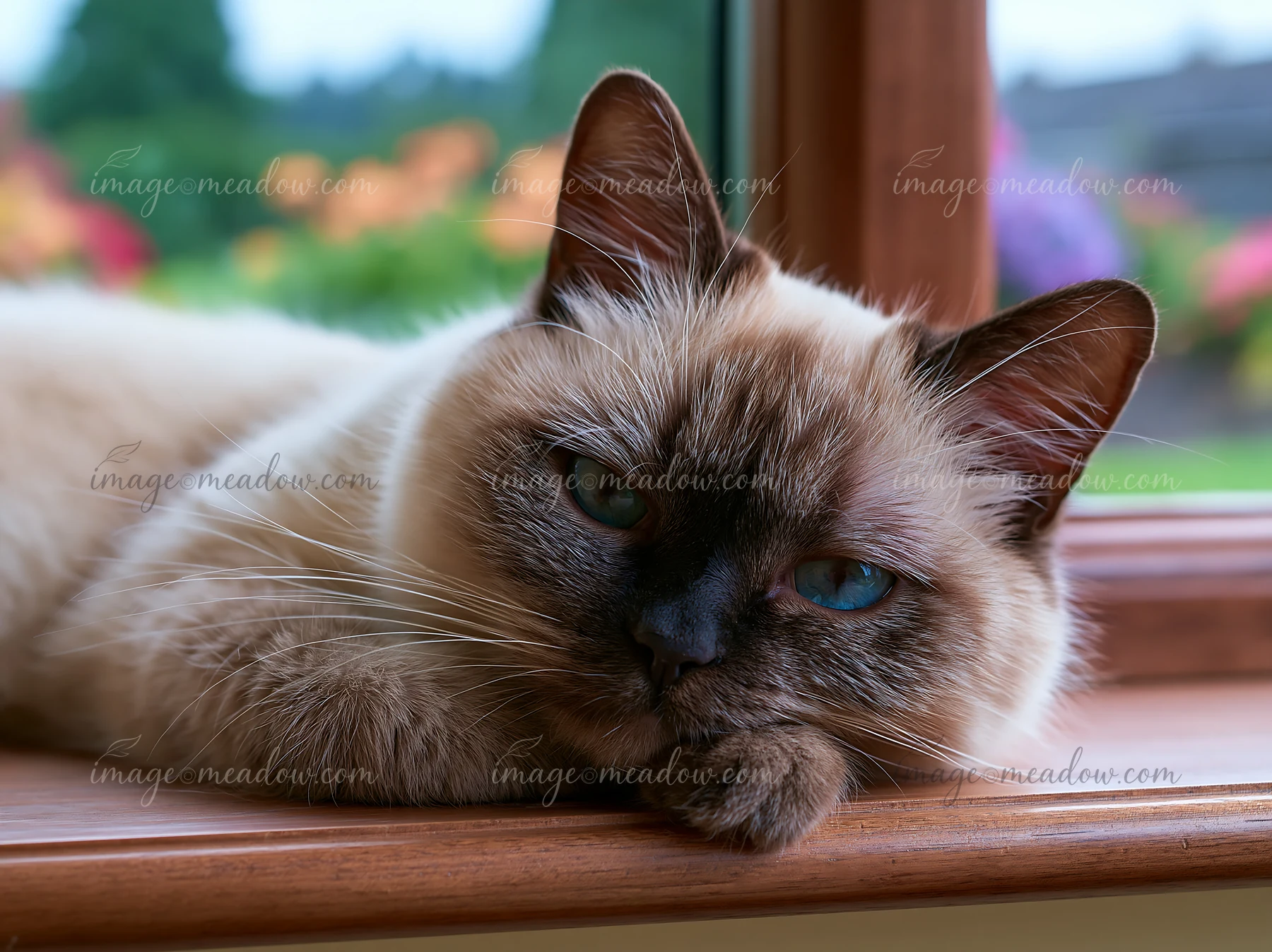 A Suphalak cat rests on a windowsill, displaying its blue eyes and distinctive fur pattern.
