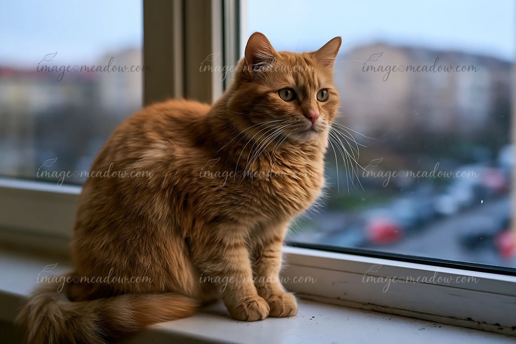 A Suphalak cat with orange fur sits by a window, gazing outside at the street.