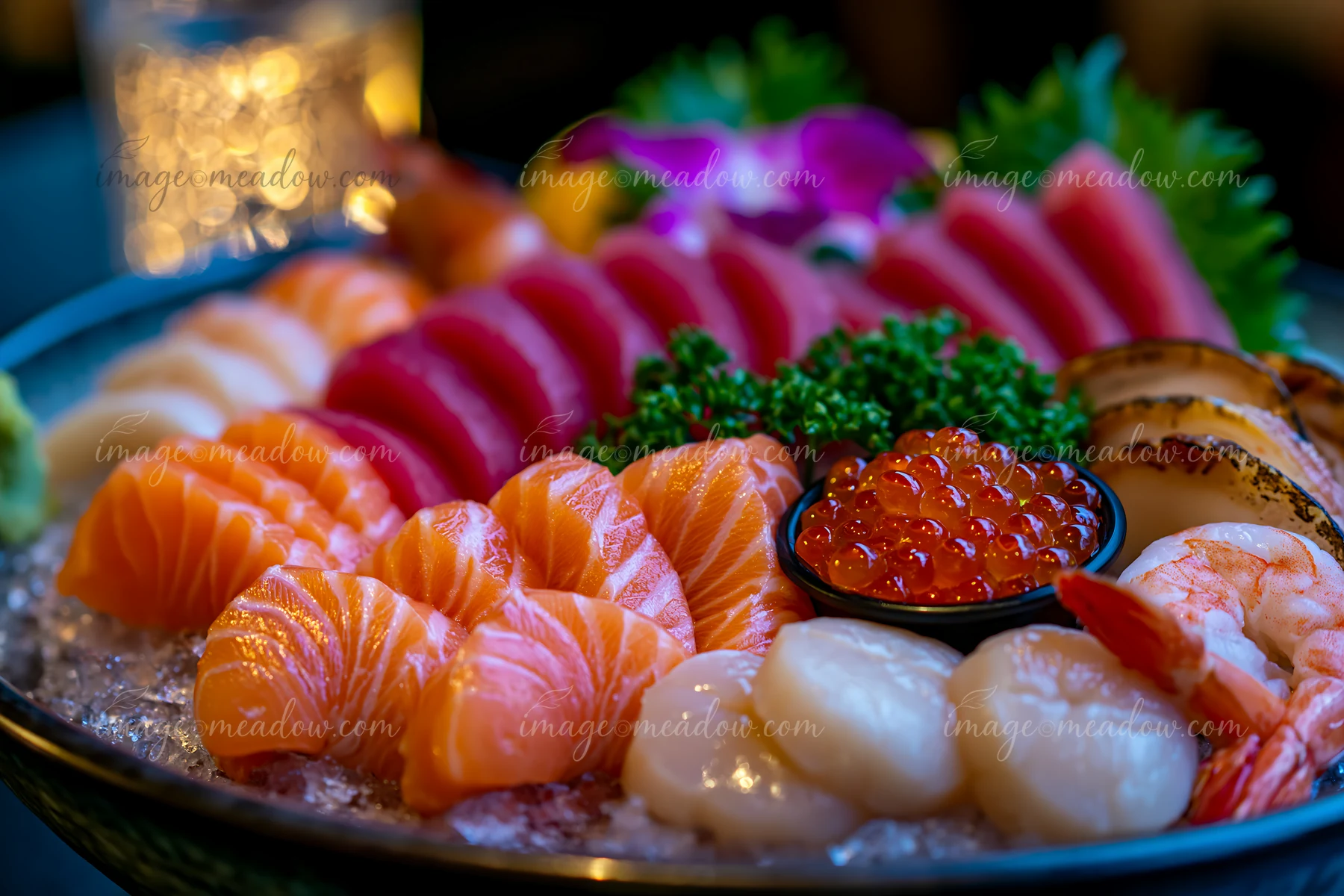 A sushi boat with assorted seafood is served at a restaurant table.