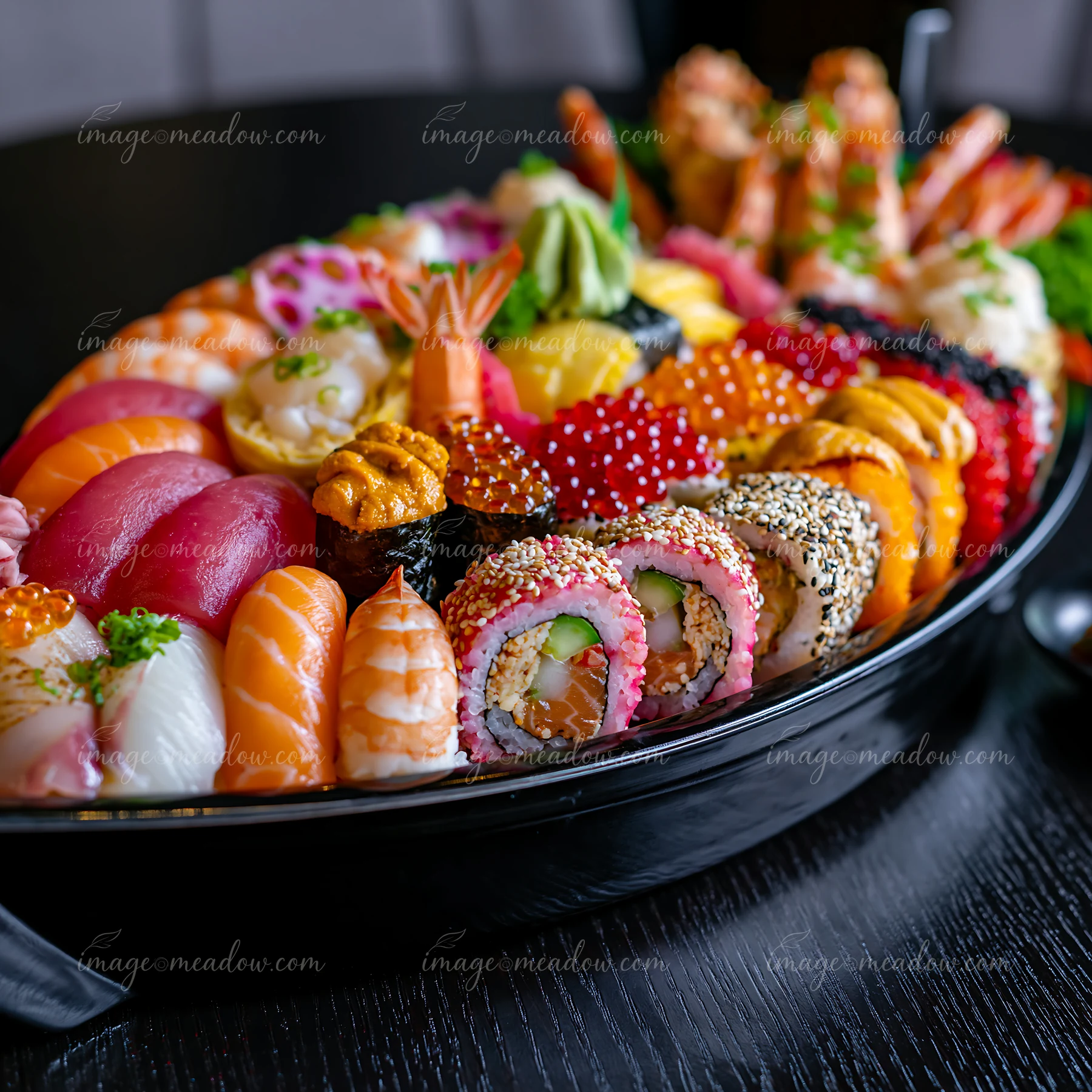 A sushi boat with assorted seafood showcases various sushi types including nigiri, maki, and sashimi.