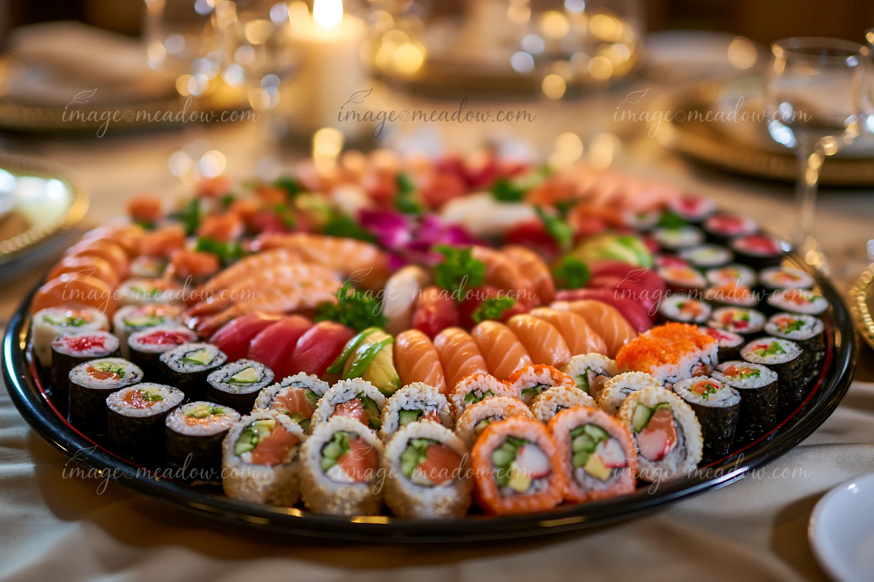 A sushi catering platter displays various types of sushi, including rolls and sashimi, surrounding vibrant garnishes on a dinner table with setting for guests.