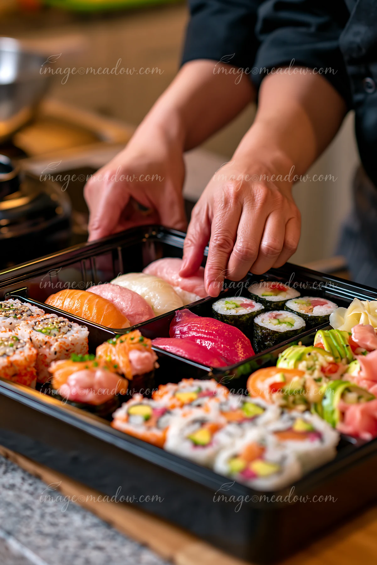 A sushi chef is placing a variety of sushi pieces into a black lunch box in a kitchen.