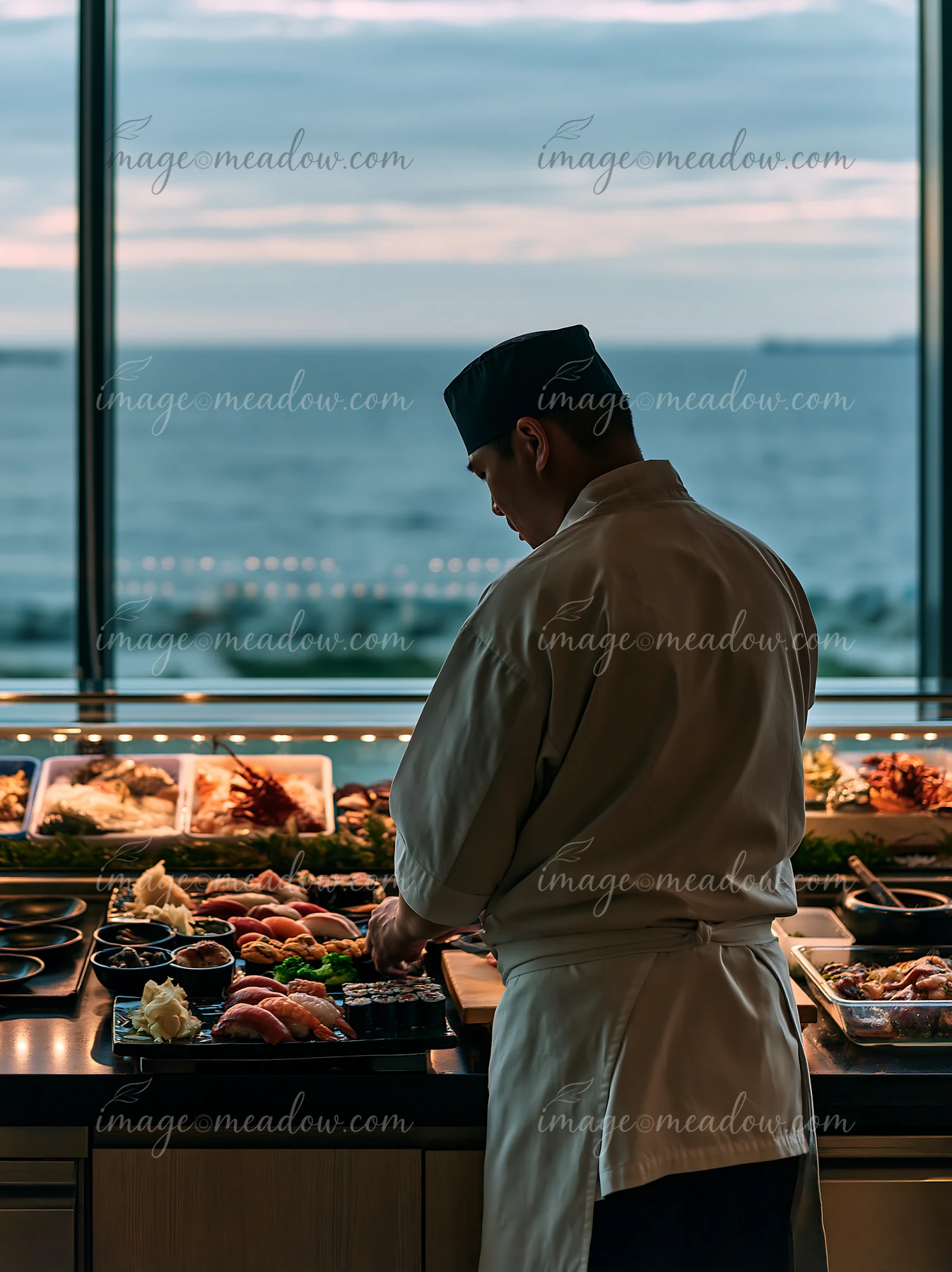 A sushi chef prepares various types of sushi at a counter with a view of the ocean.