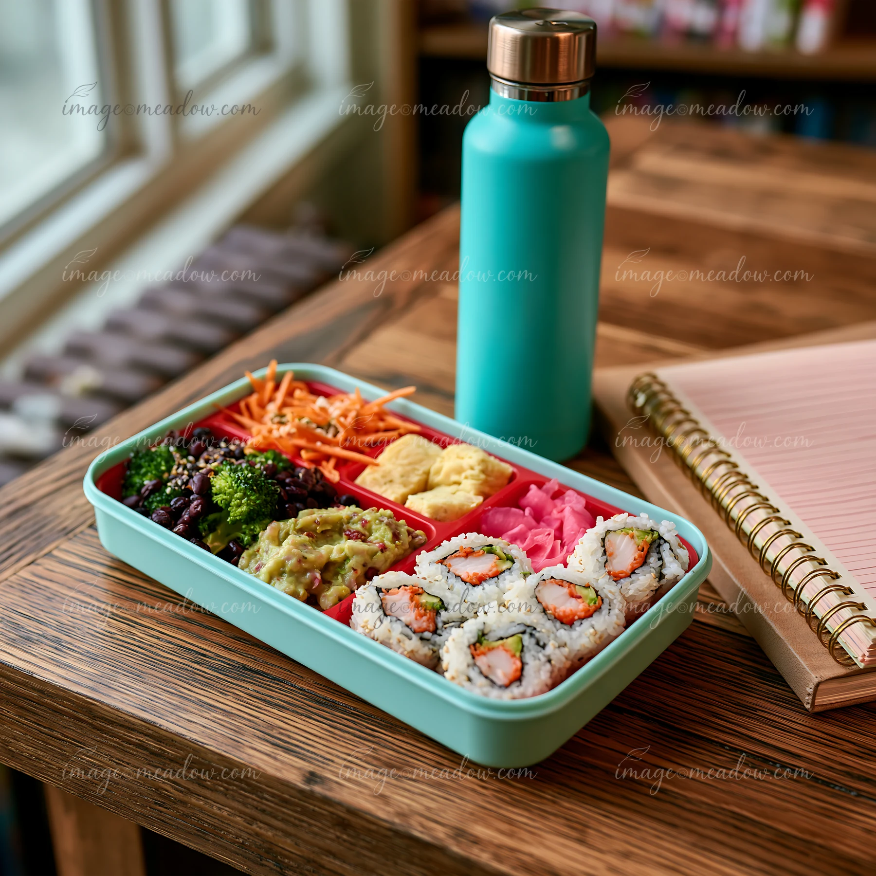 A sushi lunch box with compartments contains sushi rolls, pickled ginger, and vegetables.