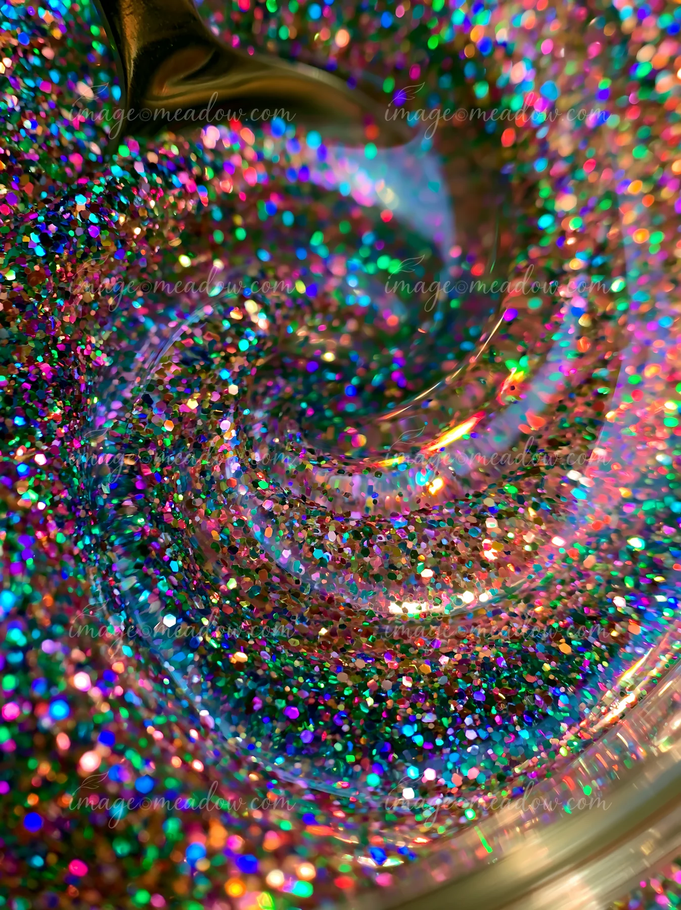 A swirl of multicolor glitter creates a mesmerizing pattern.