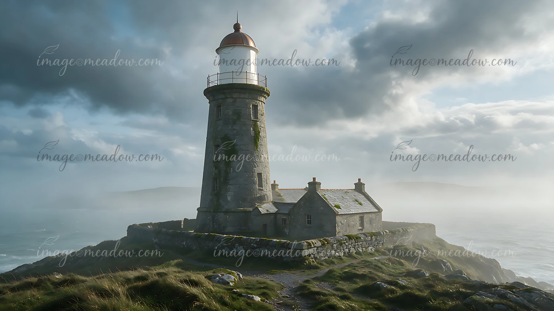 A tall lighthouse stands on a rocky shore, surrounded by dramatic clouds and mist that cover the area.