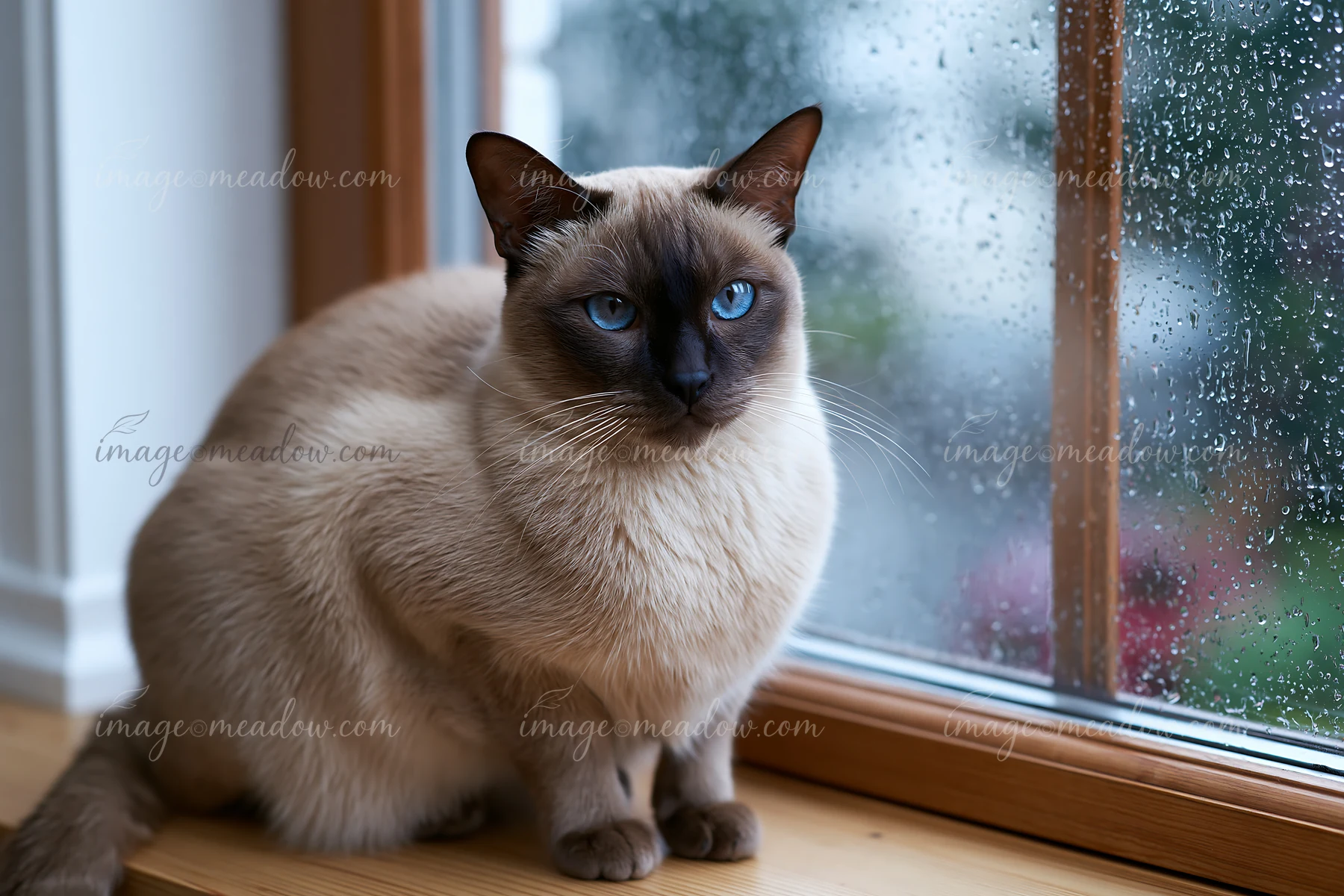 A Tonkinese cat sits by a window on a rainy day, its striking blue eyes looking out.
