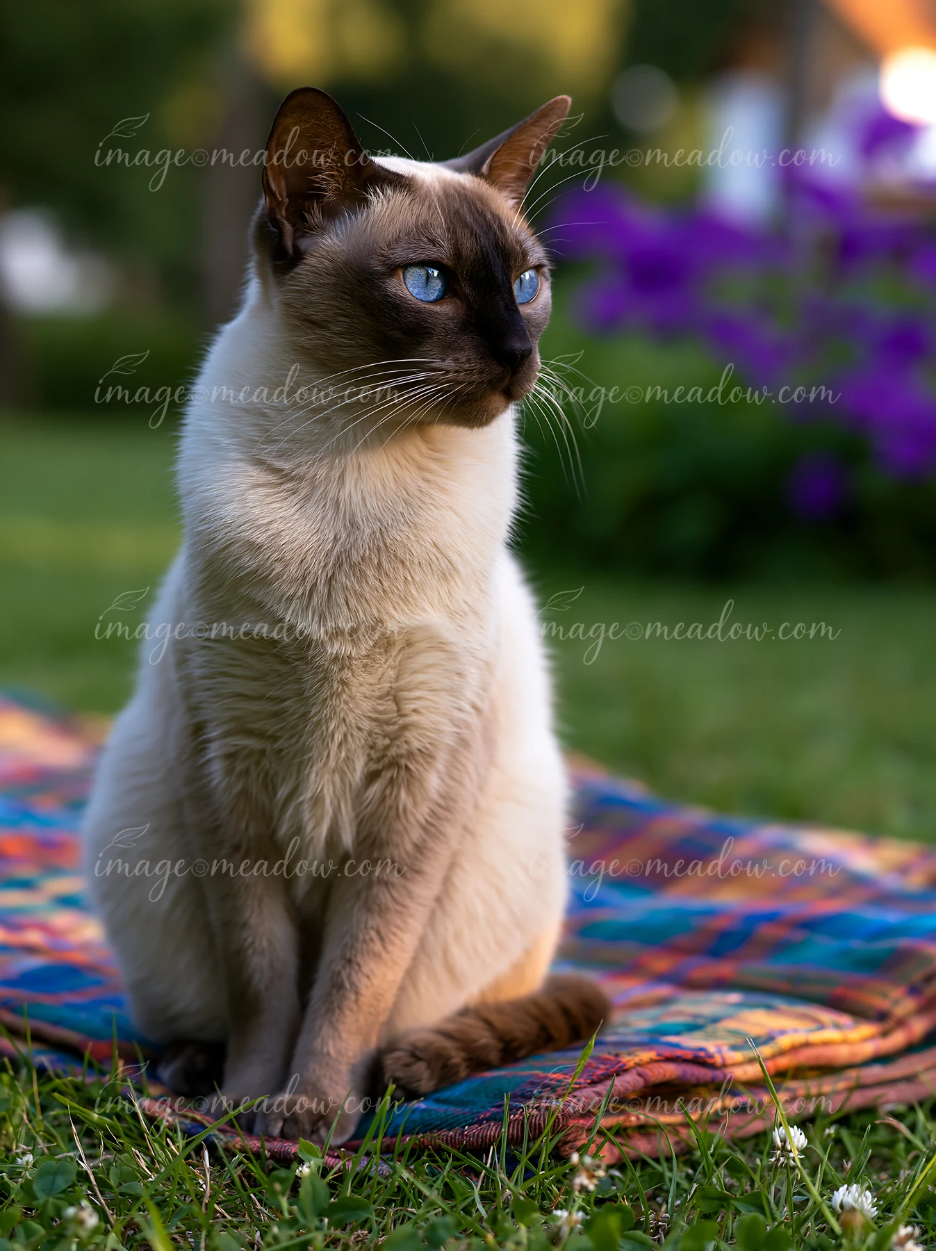 A Tonkinese cat sits on a colorful blanket in a green garden setting.