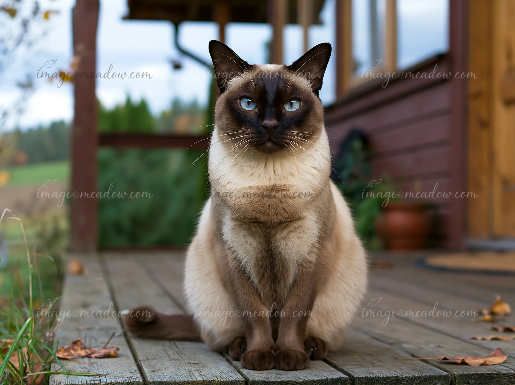 A Tonkinese cat sits on a wooden deck in front of a house, displaying its striking blue eyes.