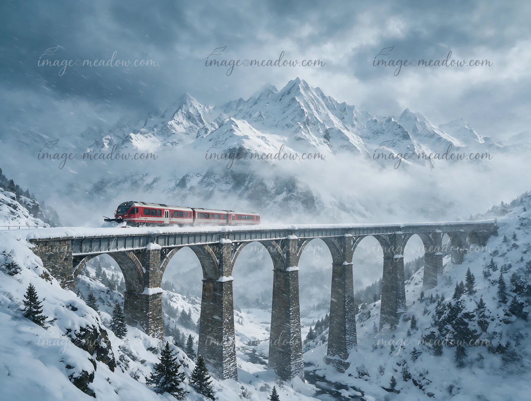 A train crosses a stone bridge as it moves through the snowy Alps.