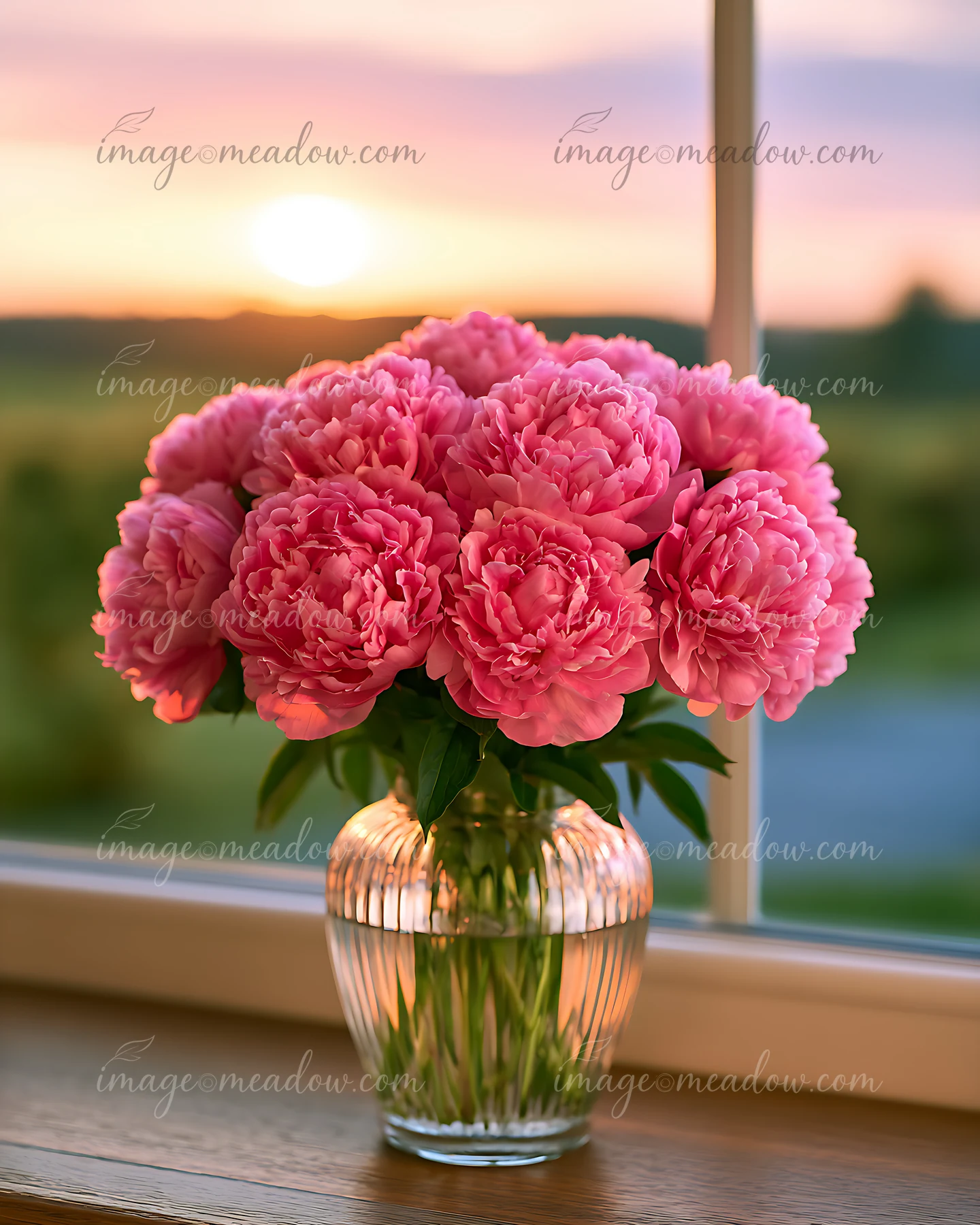 A vase filled with pink peonies sits on a wooden windowsill during sunset.
