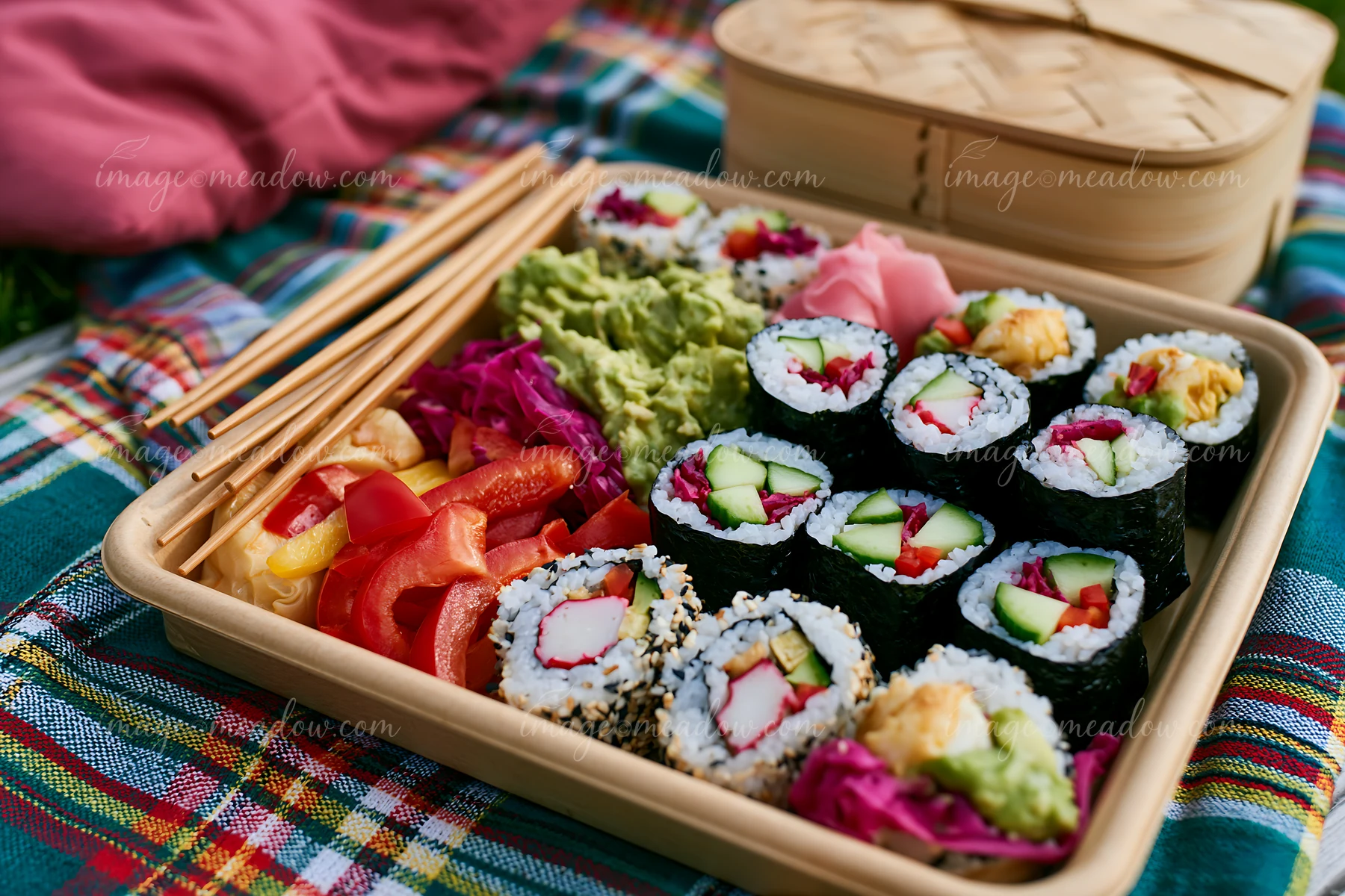 A vegan sushi platter includes various rolls made with vegetables, paired with sauces and fresh toppings.