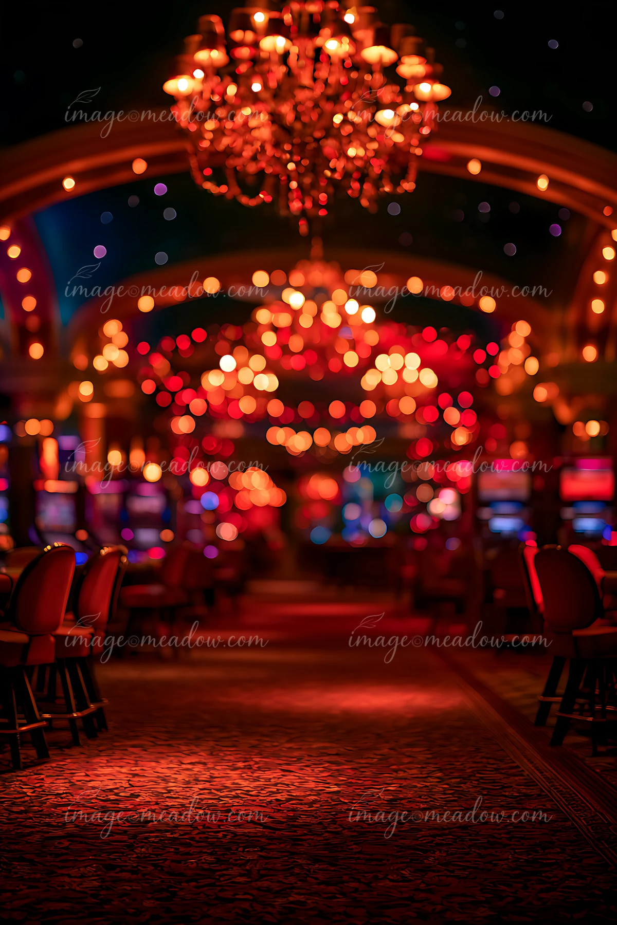 A vibrant casino interior features many slot machines and bright lights.