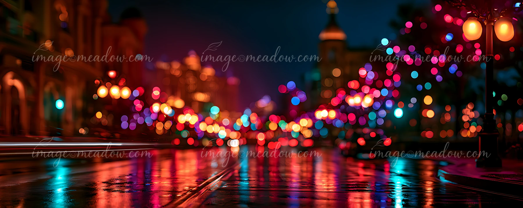 A vibrant city street is filled with colorful lights at night, creating reflections on the wet pavement.