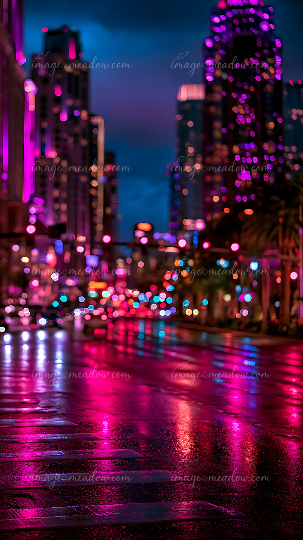 A vibrant city street is illuminated by colorful lights after rain.