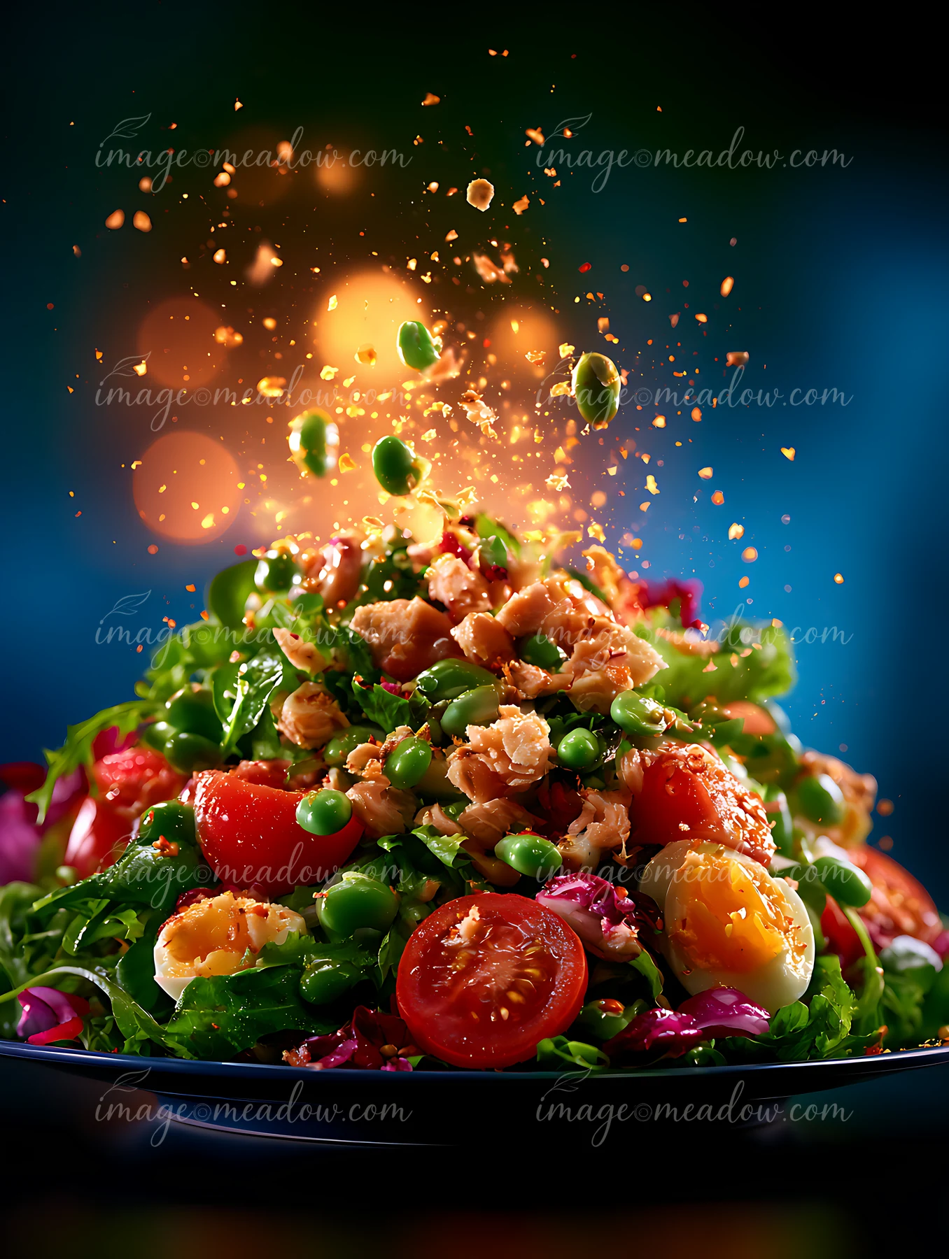 A vibrant salad features various greens, cherry tomatoes, and toppings like crushed nuts and seeds.