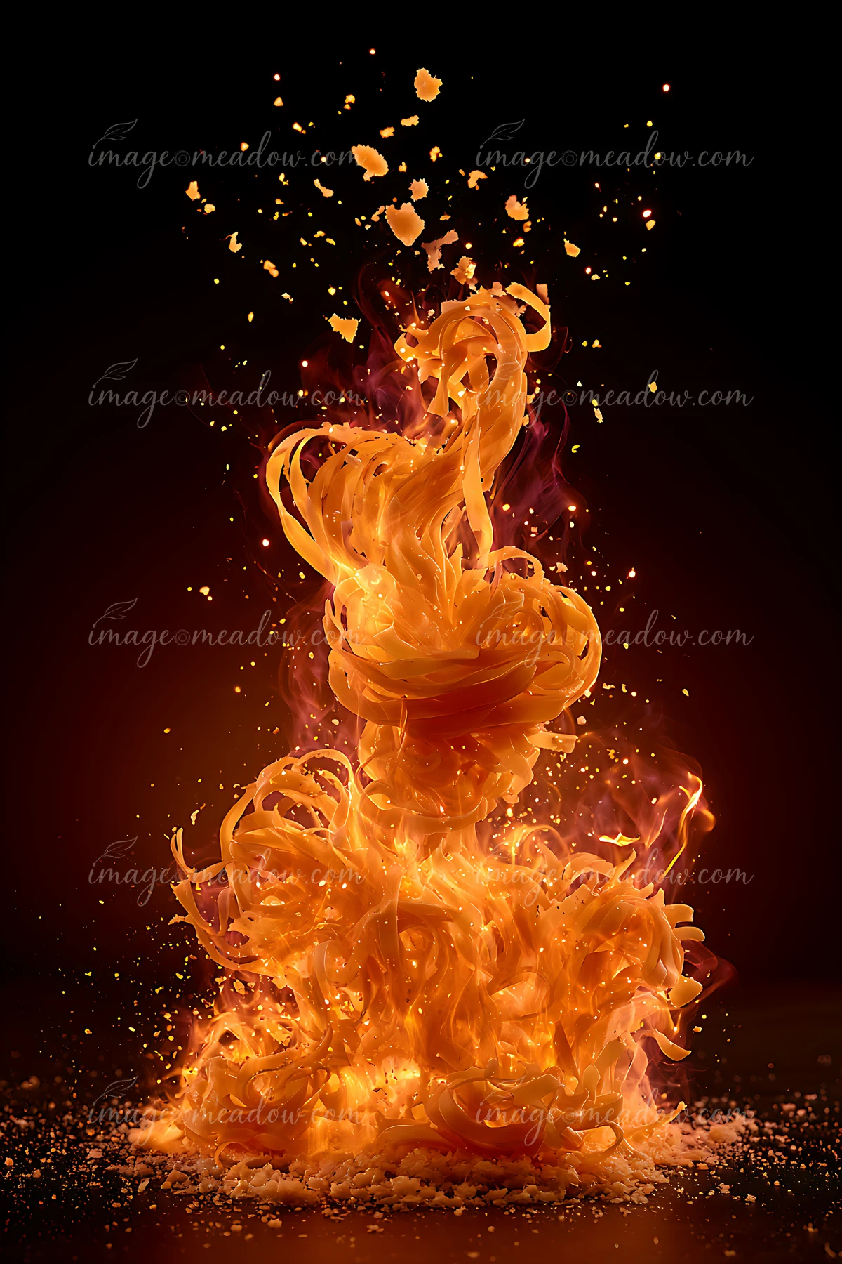 A vivid representation of flames swirling in an upward motion, surrounded by glowing sparks, set against a dark background that enhances the bright orange and y