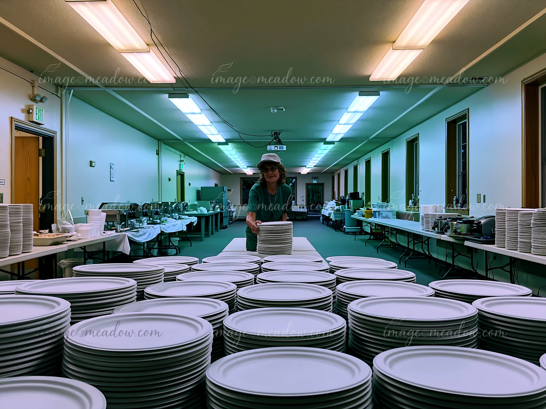 A volunteer stacks plates in a community center where a charity event buffet is set up.
