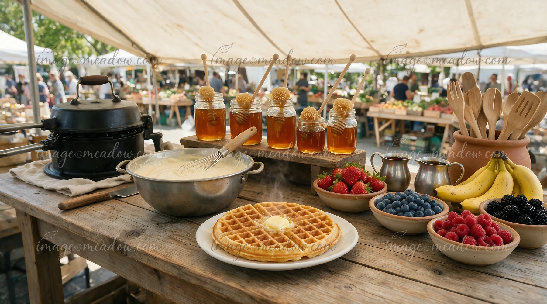 A waffle buffet station displays fresh waffles alongside jars of syrup and bowls of fruit in an open market setting.