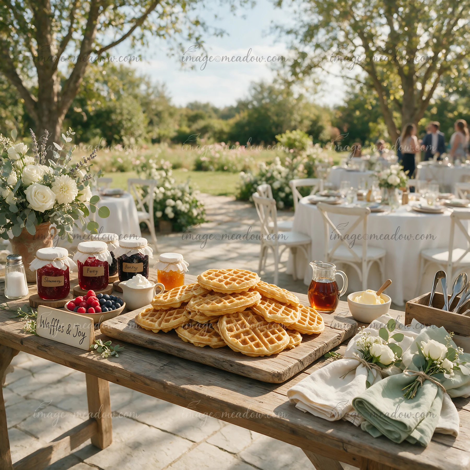 A waffle buffet station features freshly made waffles with various toppings in a garden setting.