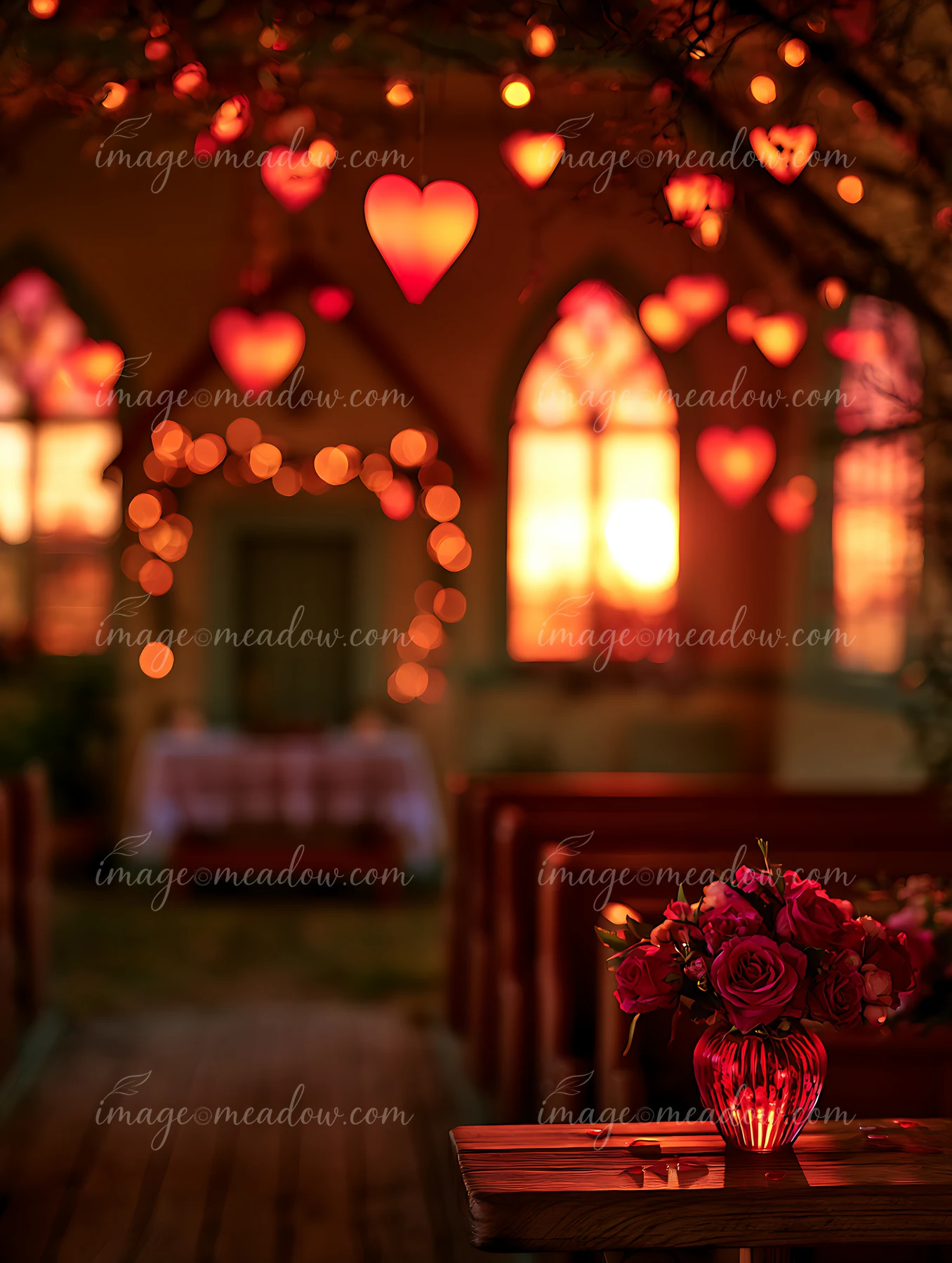 A warm ambiance fills a venue with red heart decorations and a bouquet of roses on a table.