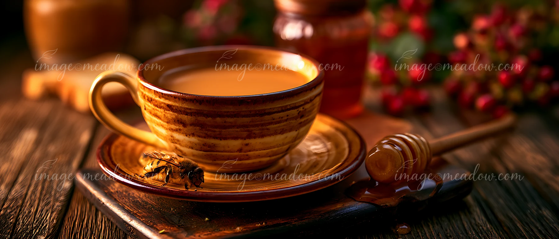 A warm cup of tea is placed on a wooden surface beside honey and a bee.