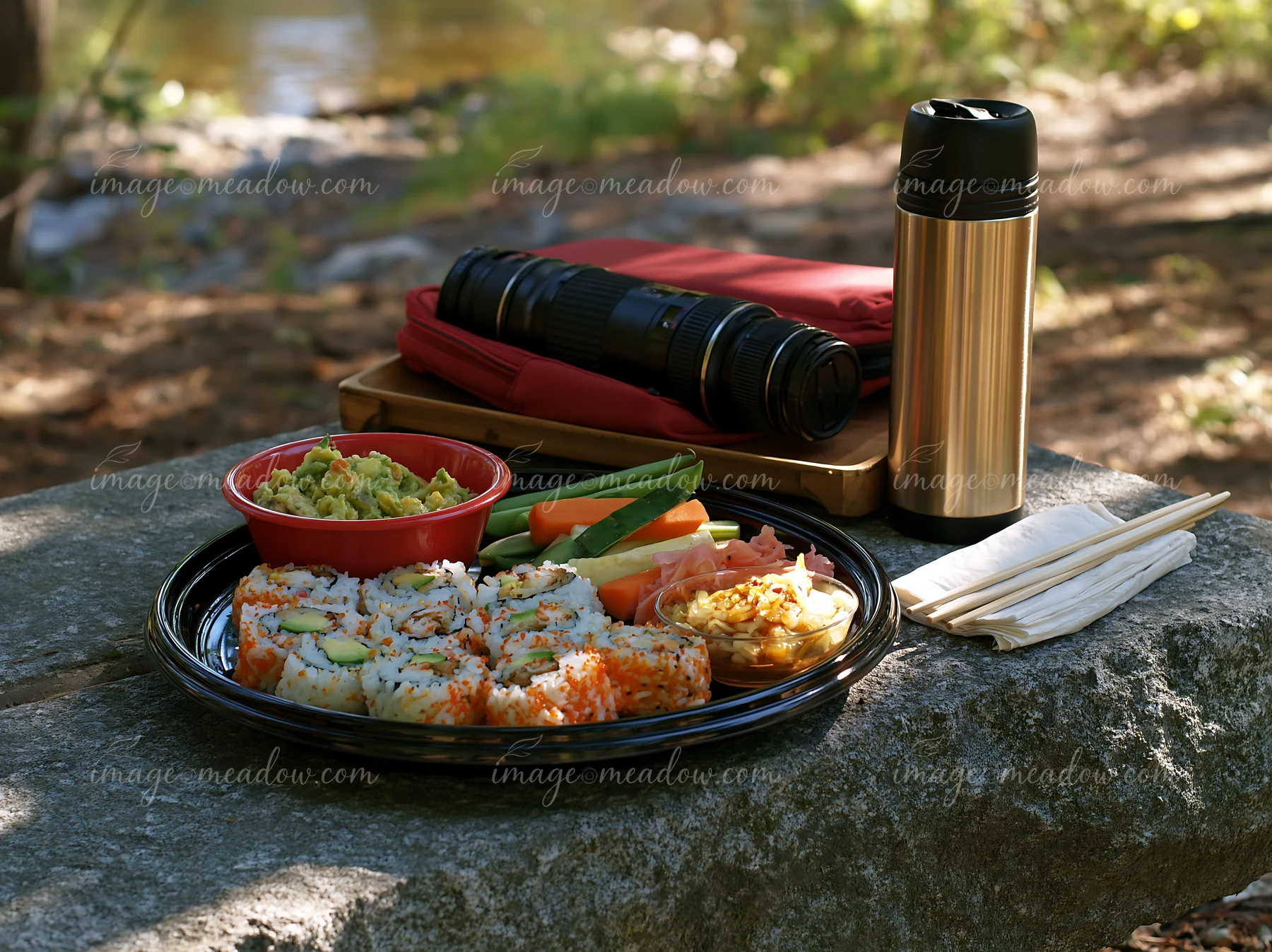 A well-prepared sushi picnic lunch outdoors features a variety of sushi rolls, a bowl of guacamole, and fresh vegetables.