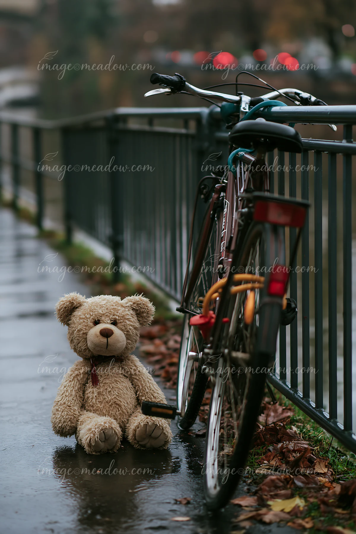 A wet teddy bear sits beside a parked bicycle on a wet path with rain falling.