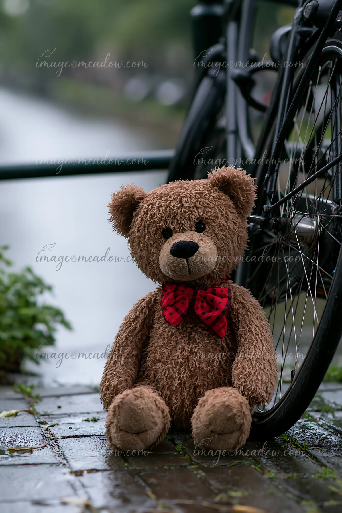A wet teddy bear sits on a wet sidewalk beside a parked bicycle.