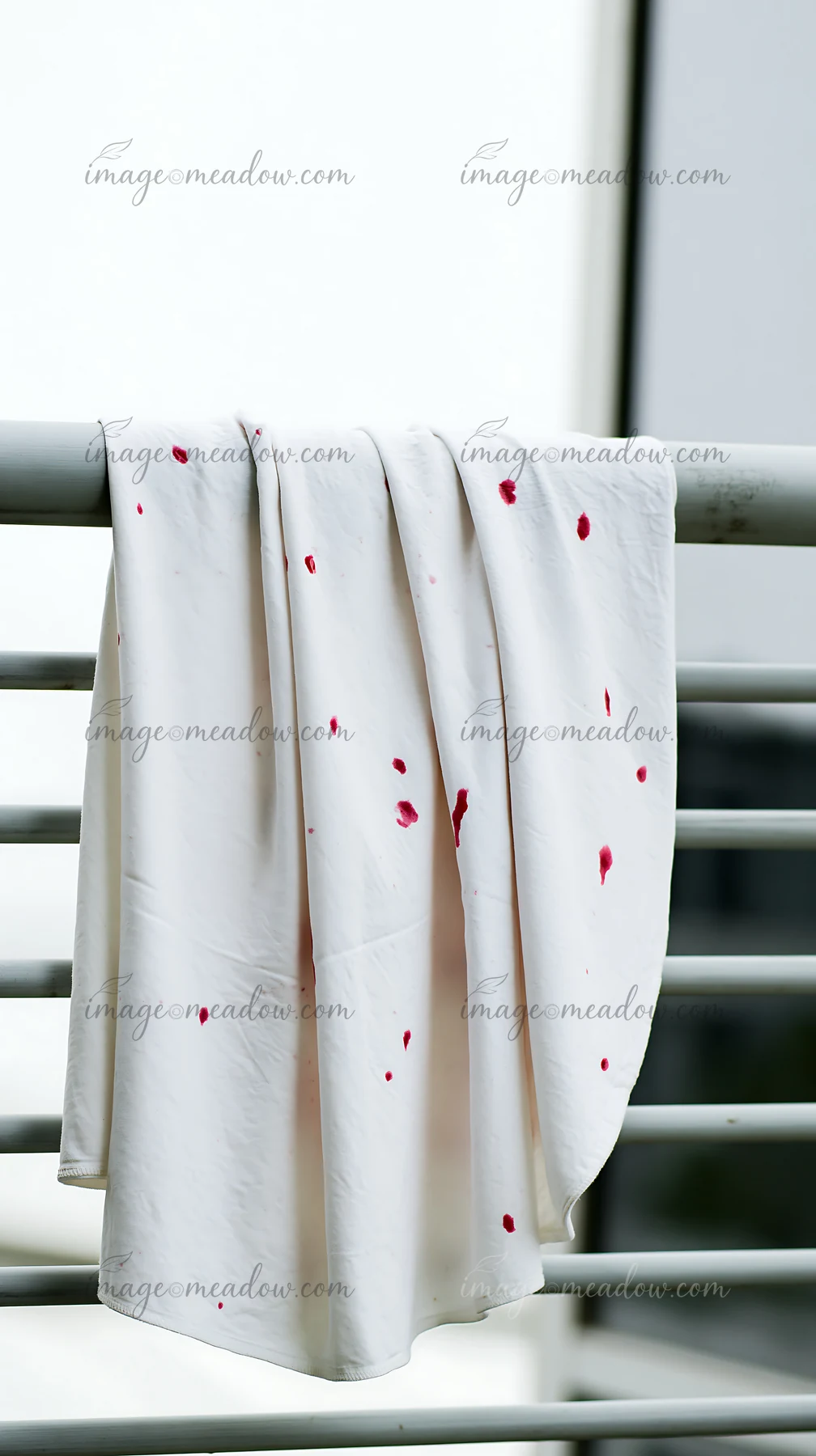 A white cloth stained with colored liquid hangs on a metal railing.