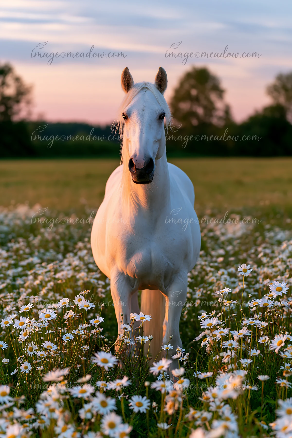 A white horse stands tall in a spring meadow surrounded by blooming daisies.