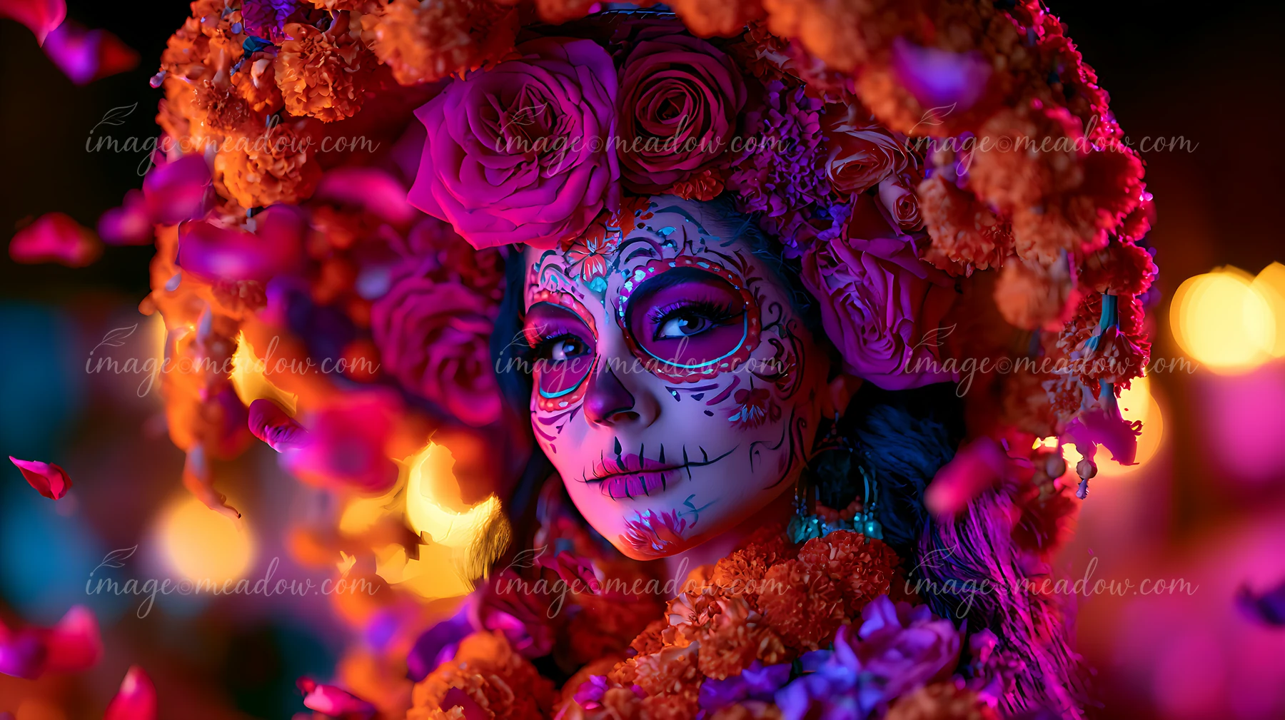 A woman adorned with vibrant flowers and intricate face paint poses for the Day of the Dead celebration.