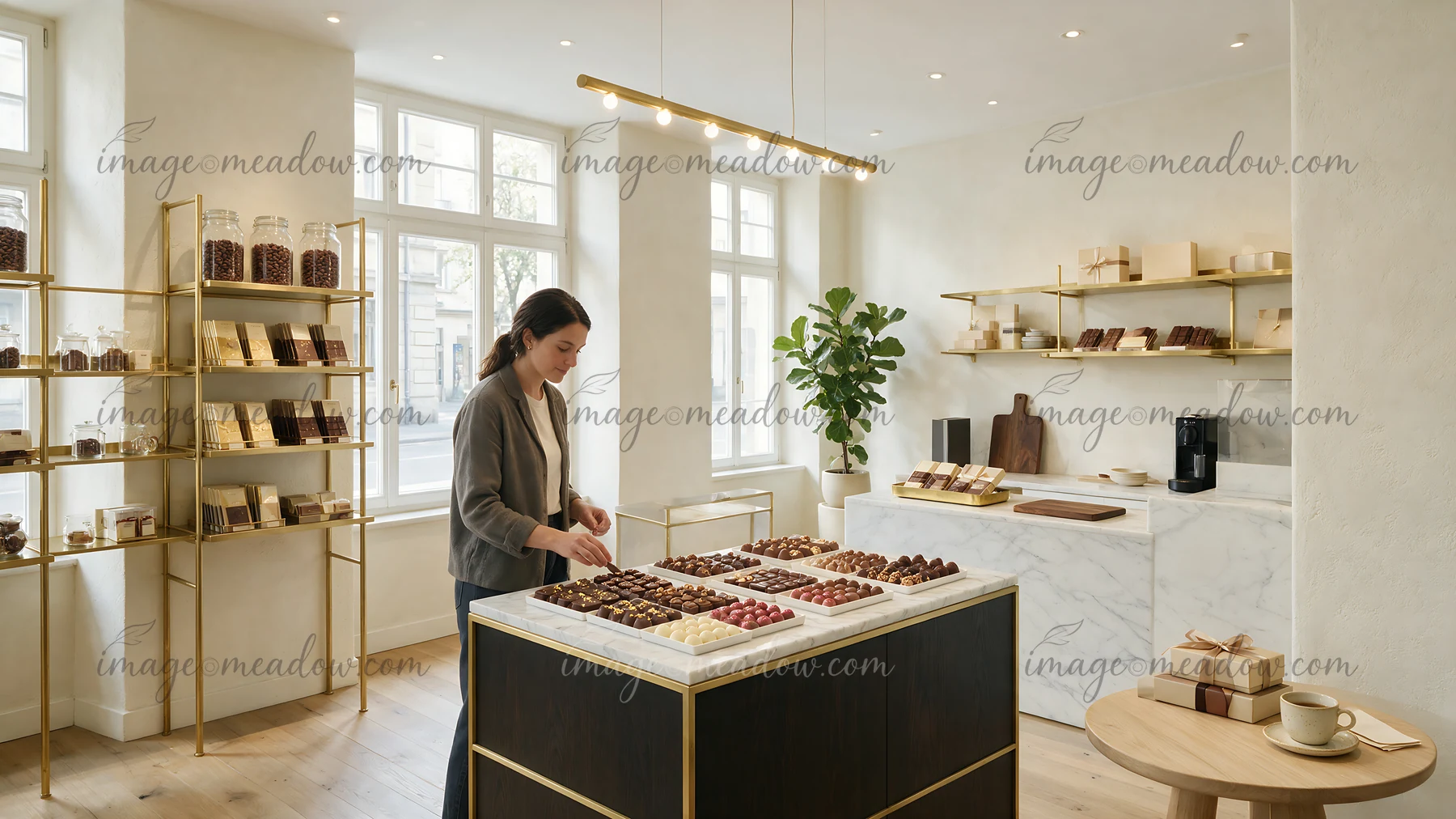 A woman arranges an assortment of chocolates in a Swiss chocolate shop interior.