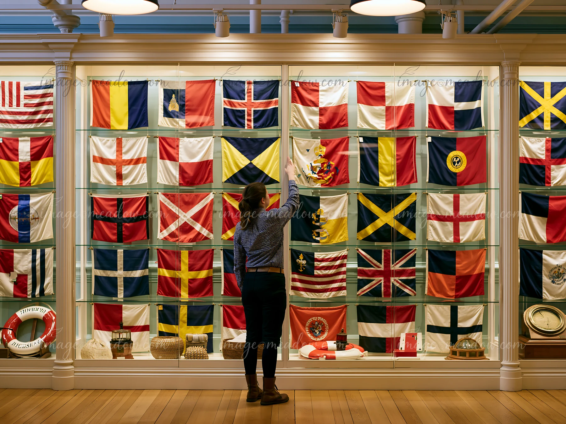 A woman examines a display of historic maritime flags in the lighthouse museum interior.
