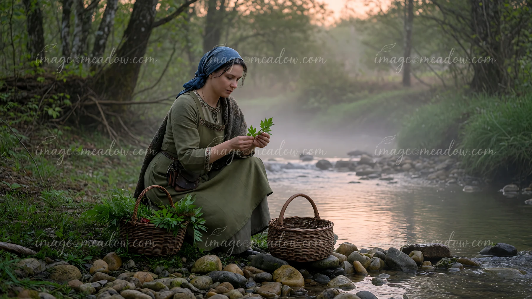 A woman in heritage attire is collecting herbs by a stream surrounded by trees.