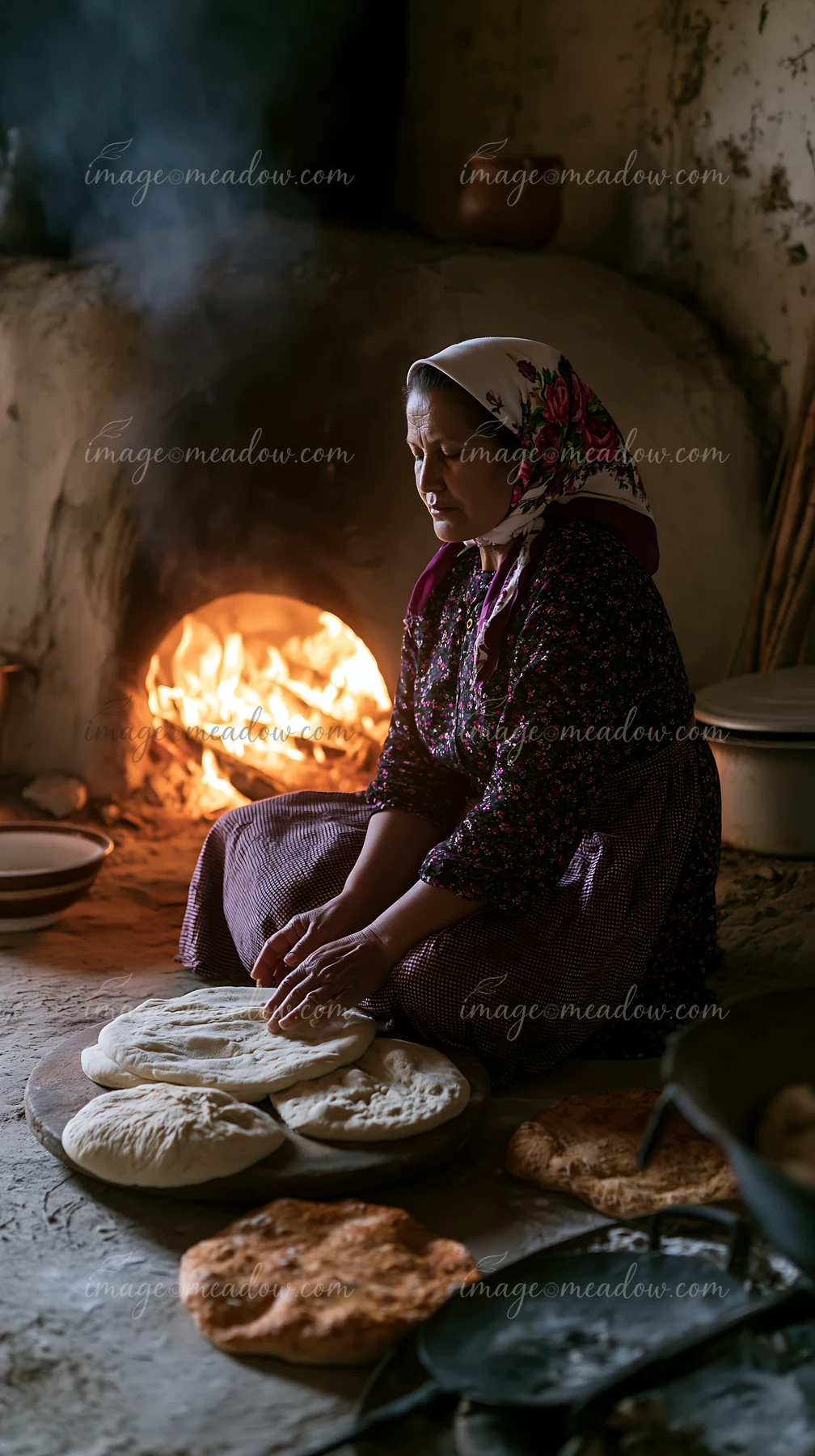 A woman in traditional dress is preparing homemade bread in a rustic kitchen.