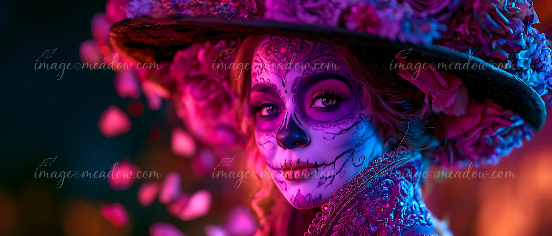 A woman poses with vibrant skull makeup while wearing a large floral hat.