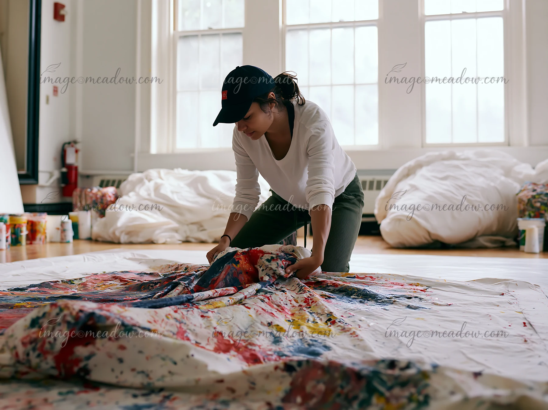 A woman rearranges a large piece of cotton fabric covered in colorful paint splatter in a bright indoor space.