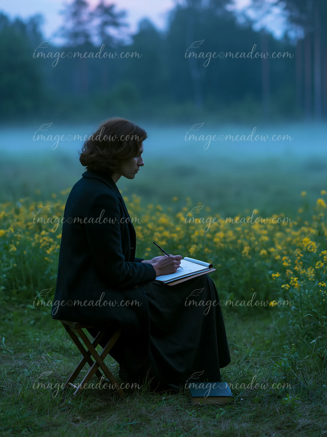 A woman sits on a chair in a meadow, sketching on paper as fog drifts across the field.