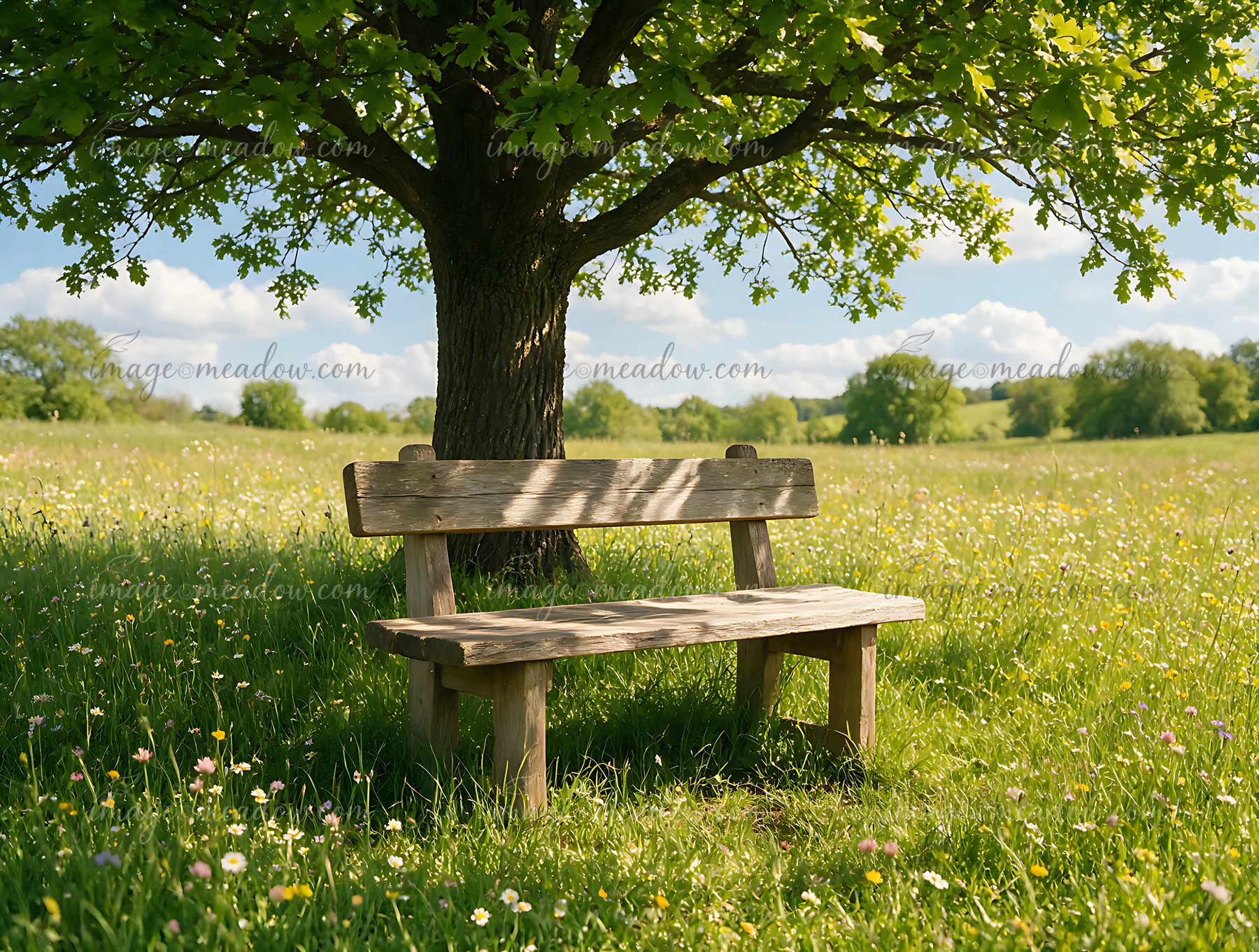 A wooden bench sits in a meadow beneath an oak tree surrounded by flowers and tall grass.