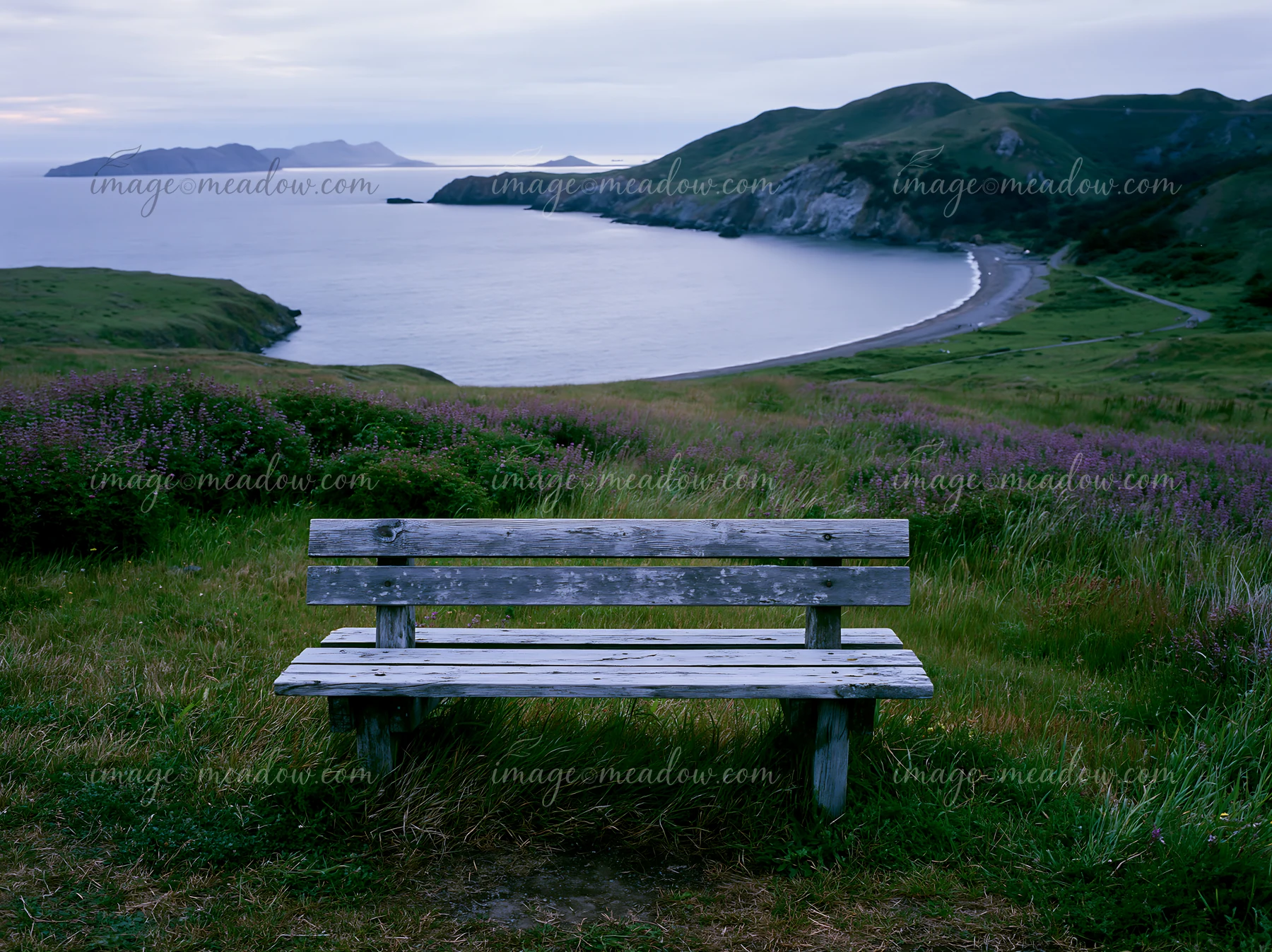 A wooden bench sits on a grassy hill overlooking a coastline with sheltered bay.