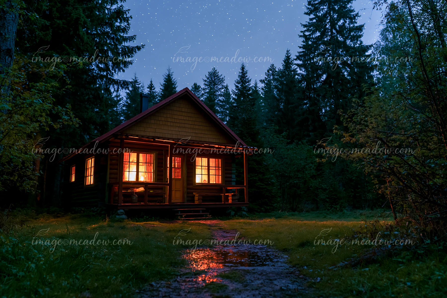 A wooden cabin sits in a forest, its windows glowing warmly as stars shine overhead.