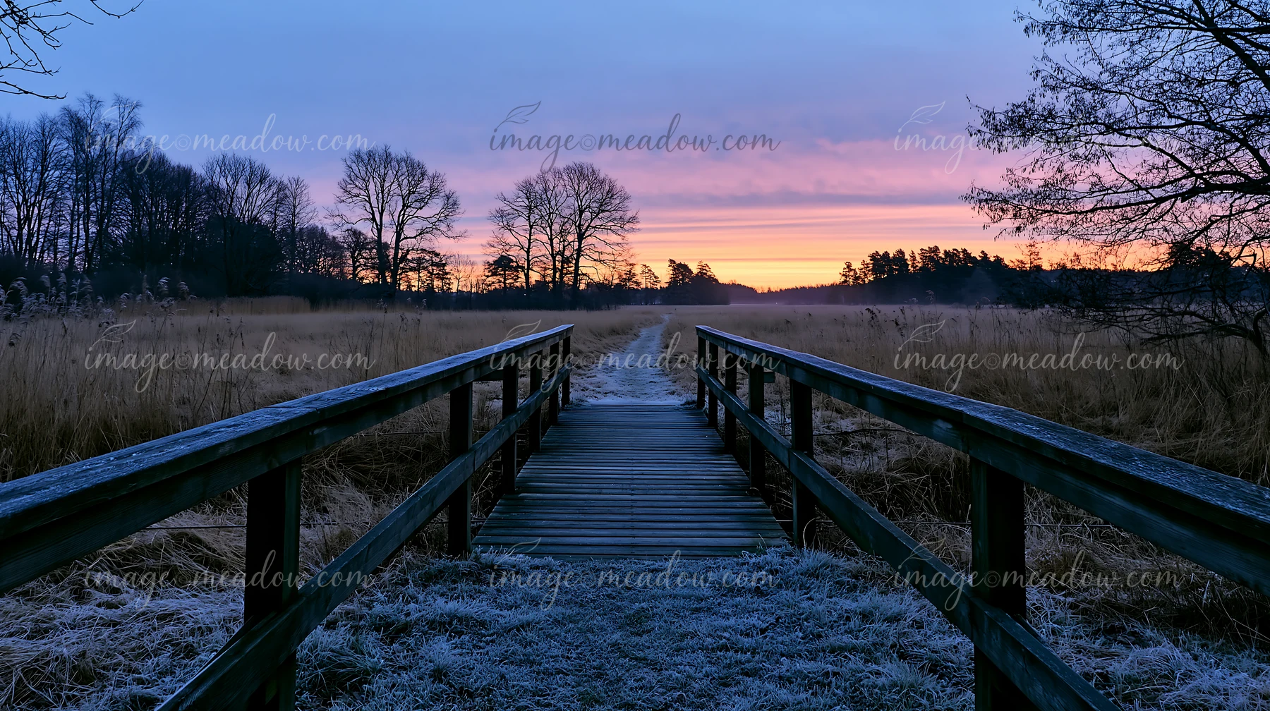 A wooden footbridge stretches across a meadow during sunset.