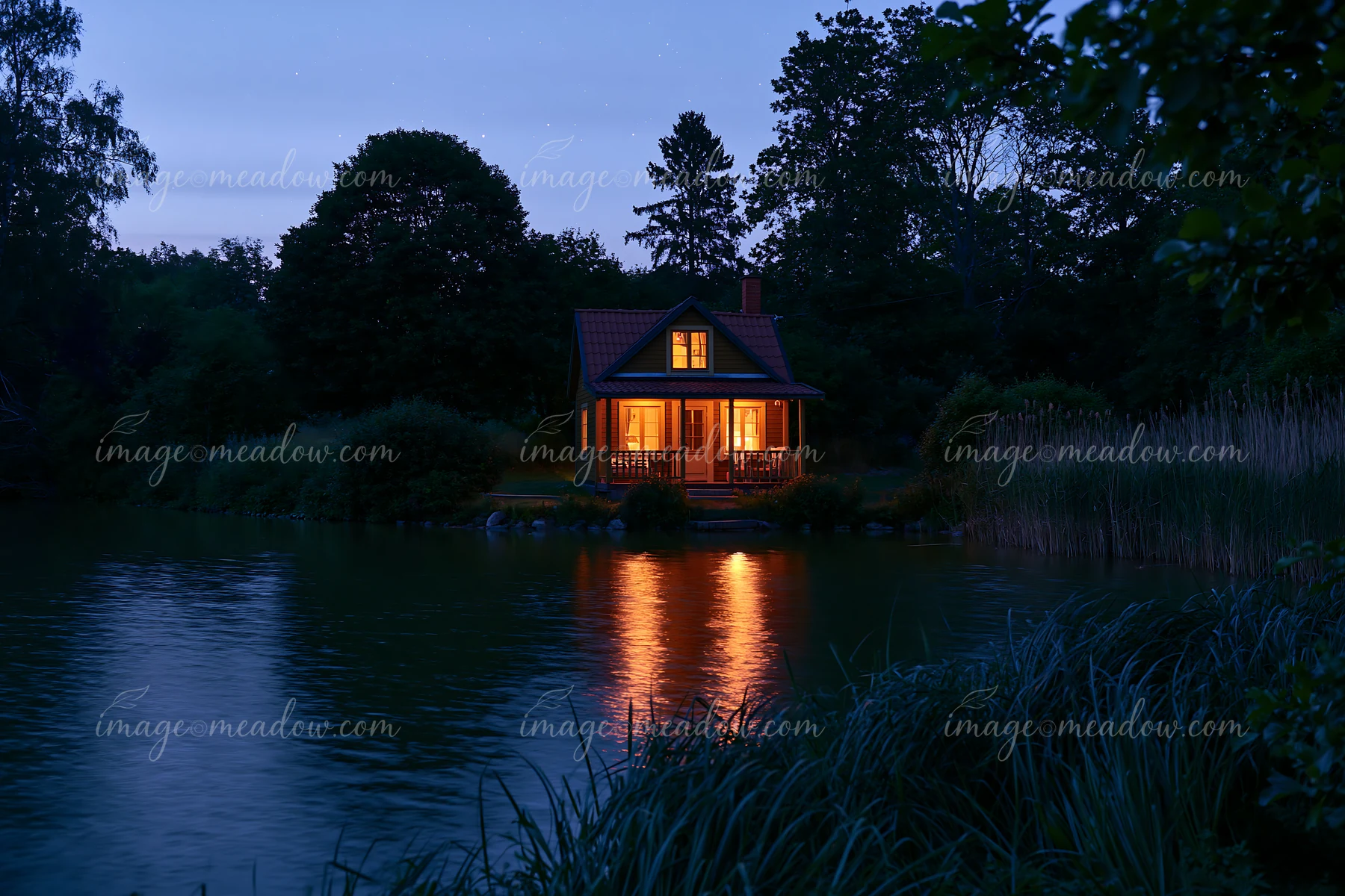 A wooden holiday home under stars lights up from within as it sits by a calm lake.
